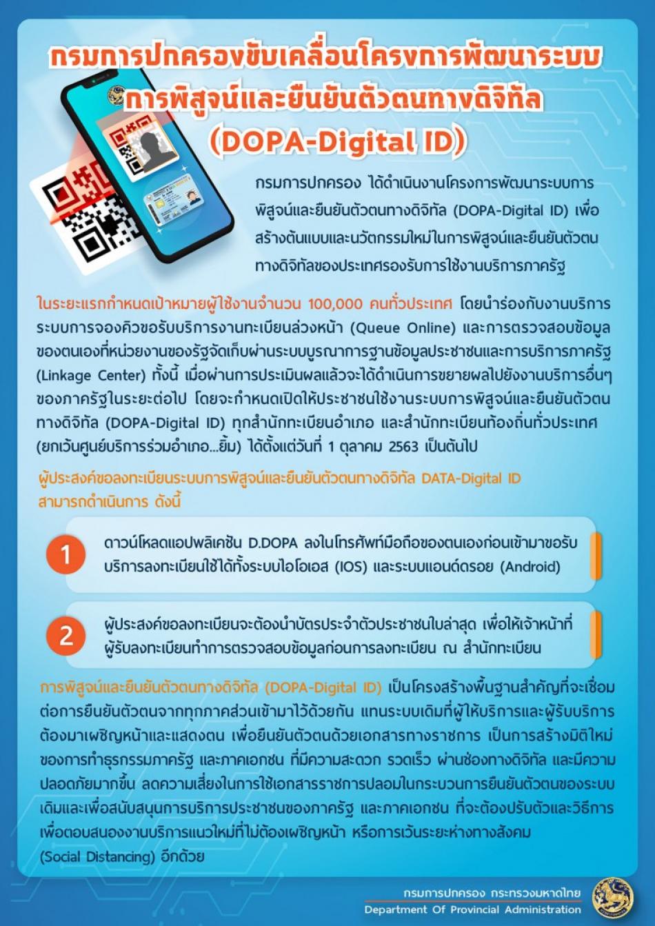 กรมการปกครองขับเคลื่อนโครงการพัฒนาระบบการพิสูจน์และยืนยันตัวตนทางดิจิทัล (DOPA-Digital ID) ????ระบบการพิสูจน์และยืนยันตัวตนทางดิจิทัล   ????กรมการปกครองขับเคลื่อนโครงการพัฒนาระบบการพิสูจน์และยืนยันตัวตนทางดิจิทัล (DOPA-Digital ID) เพื่อสร้างต้นแบบและนวัตกรรมใหม่ในการพิสูจน์และยืนยันตัวตนทางดิจิทัลของประเทศรองรับการใช้งานบริการภาครัฐ ????8 ขั้นตอนง่ายๆ ที่เราสามารถ ยืนยันตัวตน ผ่านแอปพลิเคชัน ของกรมการปกครอง D.DOPA บนมือถือทุกระบบ ไม่ต้องพกบัตรประชาชนเวลาไปติดต่อราชการ